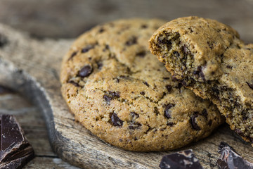 Freshly Baked Chocolate Cookies on a Cutting Board. Sweet Biscuits. Homemade pastry.