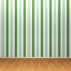 3d interior rendering of green striped wallpaper and brown wooden floor
