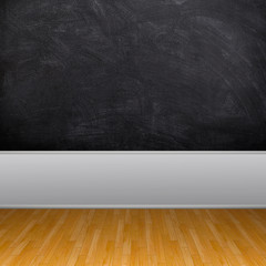3d interior rendering of blackboard wall and brown wooden floor