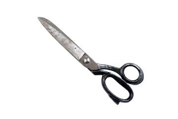 Old metal industrial scissors isolated on white background, saved path, ready for manipulation. Big open metal scissors
