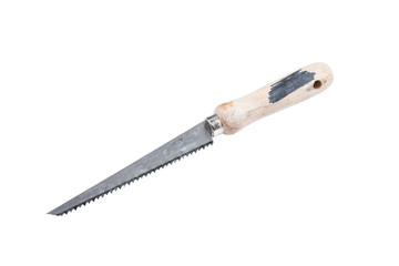 Small metal handhold saw with wooden handle isolated on white background. Used saw, construction equipment.
