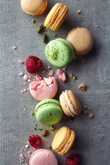  Colorful macarons on gray marble background © baibaz