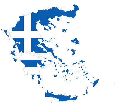 Flag in the outline of the Greece. Flag of the Hellenic Republic in blue and white colors with white cross. Banner with the shape of Hellas. Isolated. Illustration on white background. Vector.