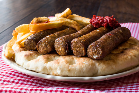 Balkan Cevapcici Kofta or Kofte Kebab with Pide or Pita Bread