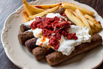 Balkan Cevapcici Kofta / Kofte Kebab with Yogurt, Tomato Sauce and Potatoes