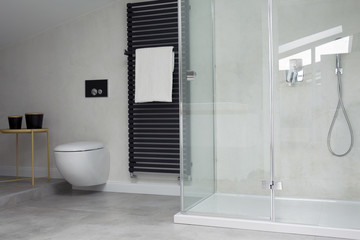 Fototapeta na wymiar Glass shower in bright bathroom