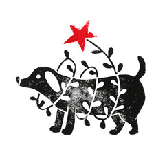 Linocut black-haired dog with garland with a star
