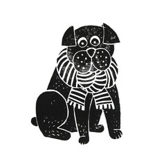 Fototapeta premium Linocut black-white dog scarf in winter. bulldog