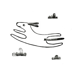 Linocut dog jumps in clouds black-and-white