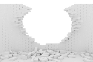 3D rendering Destruction of a white brick wall on white background