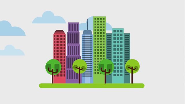 buildings city tree and clouds animated icon  ilustration