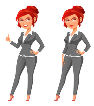 Funny Cartoon Business Woman In Grey Suit