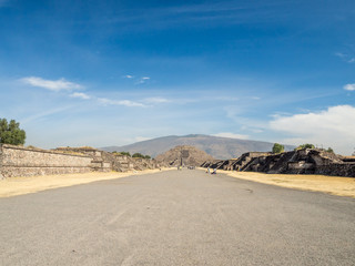Teotihuacan, Mexico City, Mexico, South America - January 2018 [The Great Pyramid of Sun and Moon, views on ancient city ruins of Teotihuacan pyramids valley, The Road of Dead]
