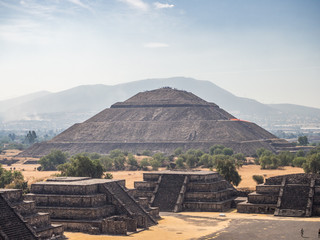 Teotihuacan, Mexico City, Mexico, South America - January 2018 [The Great Pyramid of Sun and Moon, views on ancient city ruins of Teotihuacan pyramids valley, The Road of Dead]