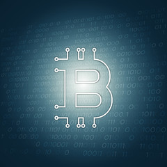 Bitcoin Logo on 3D Blue Binary Code Background - Abstract Futuristic Information Technology Illustration
