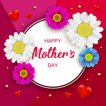 Happy mother's day layout design with flowers, hearts, gold dotted background. Vector illustration. Best mom ever cute feminine design for menu, flyer, card, invitation