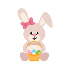 cartoon easter bunny girl sitting with easter basket and eggs