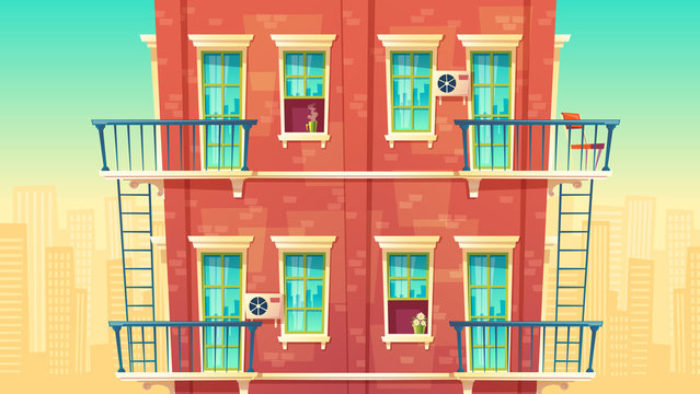 Vector illustration of facade residential multi-storey apartment, house outside concept, private building with fire escapes. Architecture in cartoon style. Advertising, promotion background.