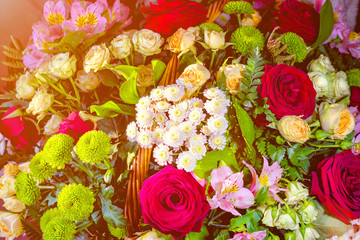 Bouquet of roses, lilies, chrysanthemums