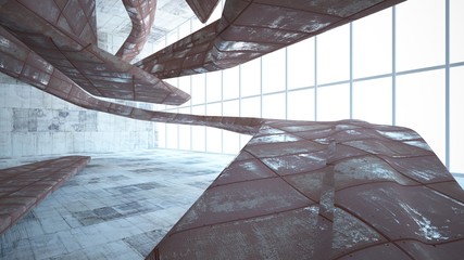 Empty smooth abstract room interior of sheets rusted metal with gray concrete. Architectural background. 3D illustration and rendering