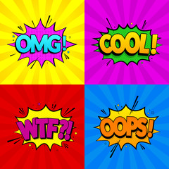 Set of comic expressions Omg, Cool, Oops, Wtf on colored backgrounds. Pop Art style. Vector illustration. EPS 10.