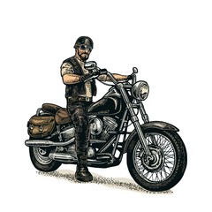 Obraz premium Rowerzysta jeżdżący na motocyklu. Wektor grawerowane ilustracja