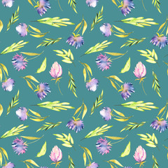 Watercolor purple asters and green leaves seamless pattern, hand painted on a dark green background