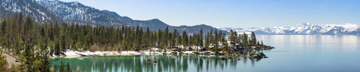 Sand Harbor in winter panorama, Lake Tahoe east shore 