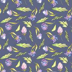 Watercolor purple asters and green leaves seamless pattern, hand painted on a blue background