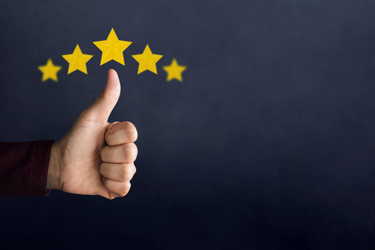 Customer Experience Concept. Happy Client show Thumb Up in meaning "Great" with Five Star Rating. Best Excellent Services for Satisfaction