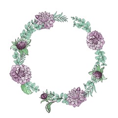 Hand drawn dahlia flowers wreath. Ideal for wedding logos/monograms. 
