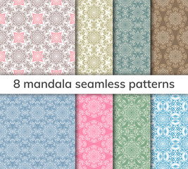 Set of 8 patterns. Collection arabic, indian, japanese, islamic motifs. Mandala seamless pattern.