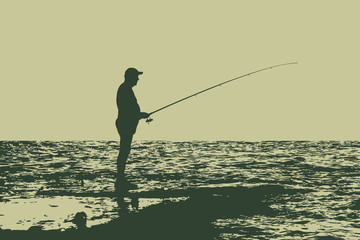 A fisherman on the shore with a fishing rod, the old Man and the sea