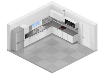 Modern white kitchen in isometric projection. Design scheme of interior furniture. Vector graphics