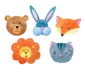 Cute watercolor animal faces, Fox, rabbit, bear, cat, lion