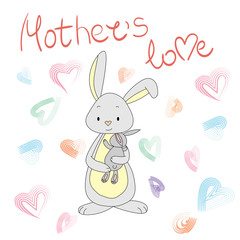 A bunny with a little rabbit in her arms. Mother's love