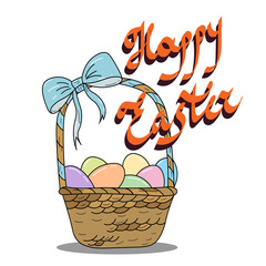 Easter basket with colorful eggs and blue ribbon