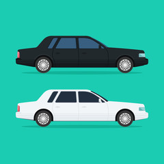 A black and white modern car sideways isolated on a light background. Vector illustration.