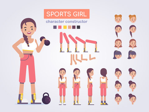 Happy Ypung Athletic Womanl Character With Various Views, Face Emotions, Poses . Sport. Front, Side, Back View Animated Character. Vector Clip Art