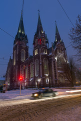Church of St. Olha and Elizabeth in night winter Lviv city, Ukraine