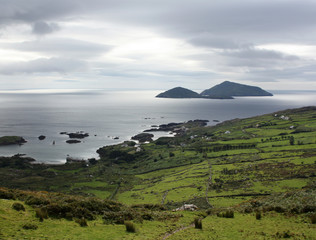 Fototapeta premium Green landscape along the Ring of Kerry - toned effect. Gloomy seascape in County Kerry - vintage effect. Ireland.