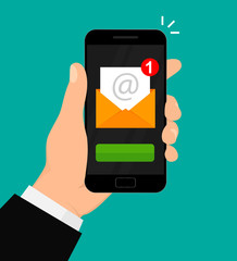 New email notification on mobile phone. E-mail marketing concept. Vector illustration. Flat design. EPS 10.