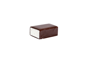 chocolate candy macro shot with nuts and delicious filling on white background, isolates
