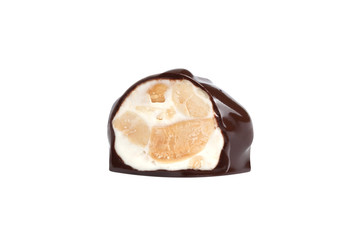 chocolate candy macro shot with nuts and delicious filling on white background, isolates