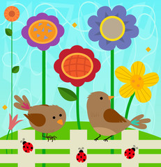 Flowers and Birds - Spring clip-art of two birds and ladybugs standing on a fence, and colorful flowers behind them. Eps10