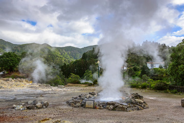 Fumaroles Caldeiras das Furnas in thermal bathing resort of Furnas, Sao Miguel Island, Azores, Portugal