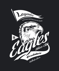 Obraz premium Vintage American furious eagle custom bikes motor club t-shirt vector logo on dark background. Premium quality bikers band logotype tee-shirt emblem illustration. Street wear retro tee print design.