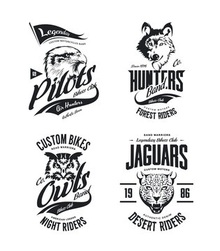 Vintage jaguar, wolf, eagle and owl bikers club t-shirt vector isolated logo set.
Premium quality motor band logotype tee-shirt emblem illustration. Wild animal mascot street wear tee print design.