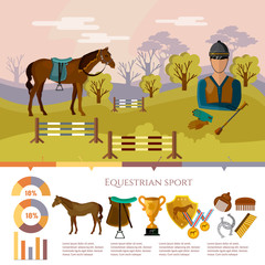 Equestrian sport infographic, professional jockey club horse racing vector illustration