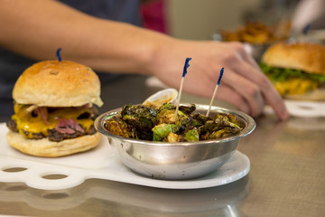 Fried Brussel Sprouts and Gourmet Hamburger